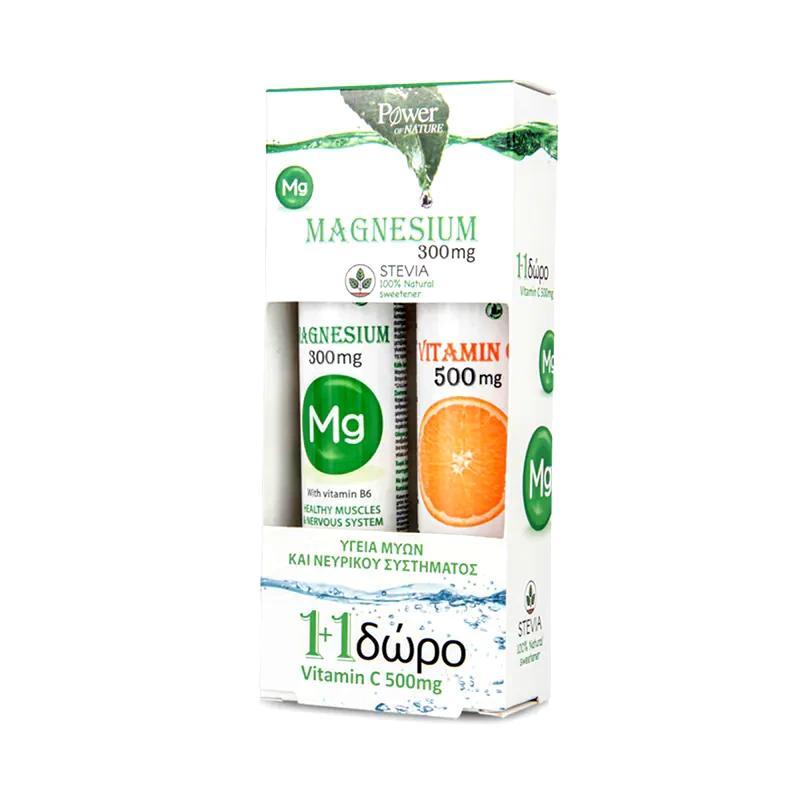 POWER HEALTH Συμπλήρωμα Διατροφής Power Health Πακέτο Προσφοράς Magnesium 300mg Stevia- 30 Αναβράζον δισκία Με Δώρο Βιταμίνη C 500mg - 20 Αναβράζον δισκία