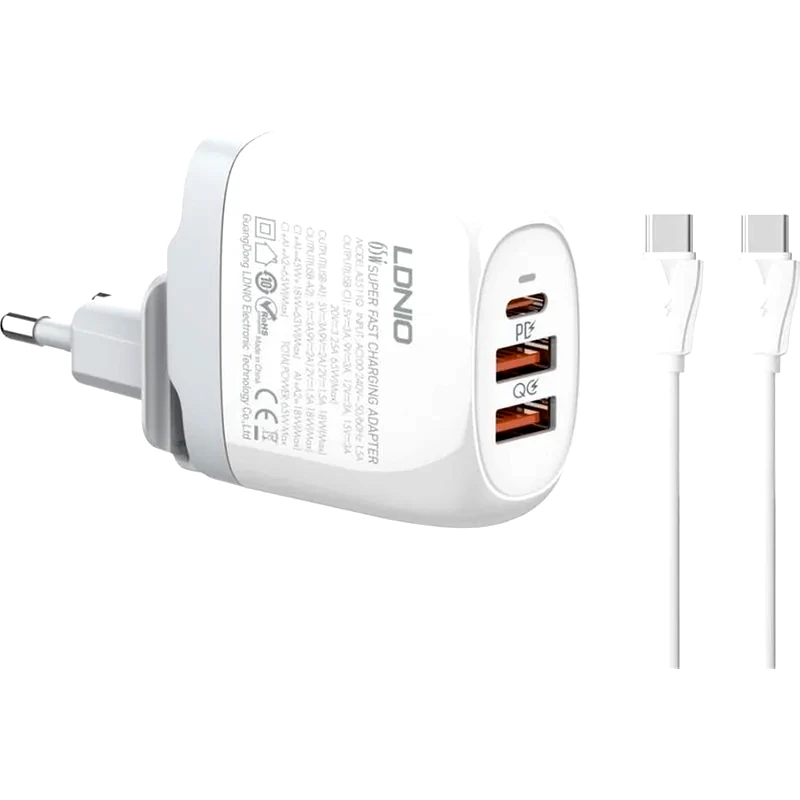LDNIO Ldnio Φορτιστής Τοίχου Με Καλώδιο USB-C/2x USB 65W Gan - Λευκό